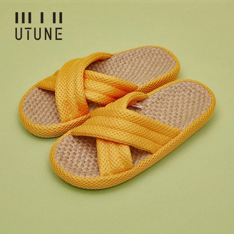 Utune Women's Cross-Tied Hemp Slippers - Comfortable Indoor Flat Slippers for Summer & Autumn