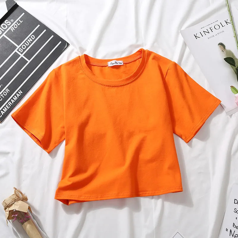 Summer Short Sleeve T Shirts Women  Solid O Neck High Waist Crop Top Tee Female Casual Loose T Shirt