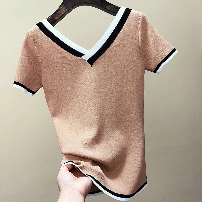 V-Neck Ladies Pullover Sweater Knitted 2024 Summer Short Sleeve Contrast Colour Striped Slim Women Clothes