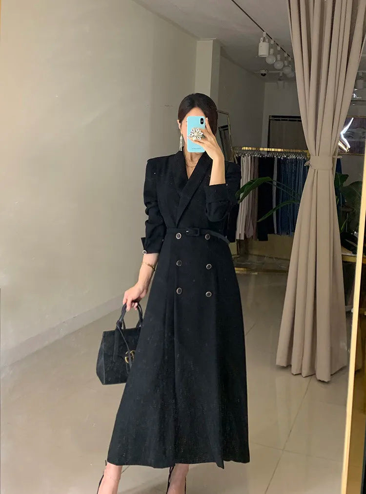 NoEnName Women's Office Lady A-Line Mid-Calf Dress – Double Breasted, Notched Neckline, and Sashes Decoration