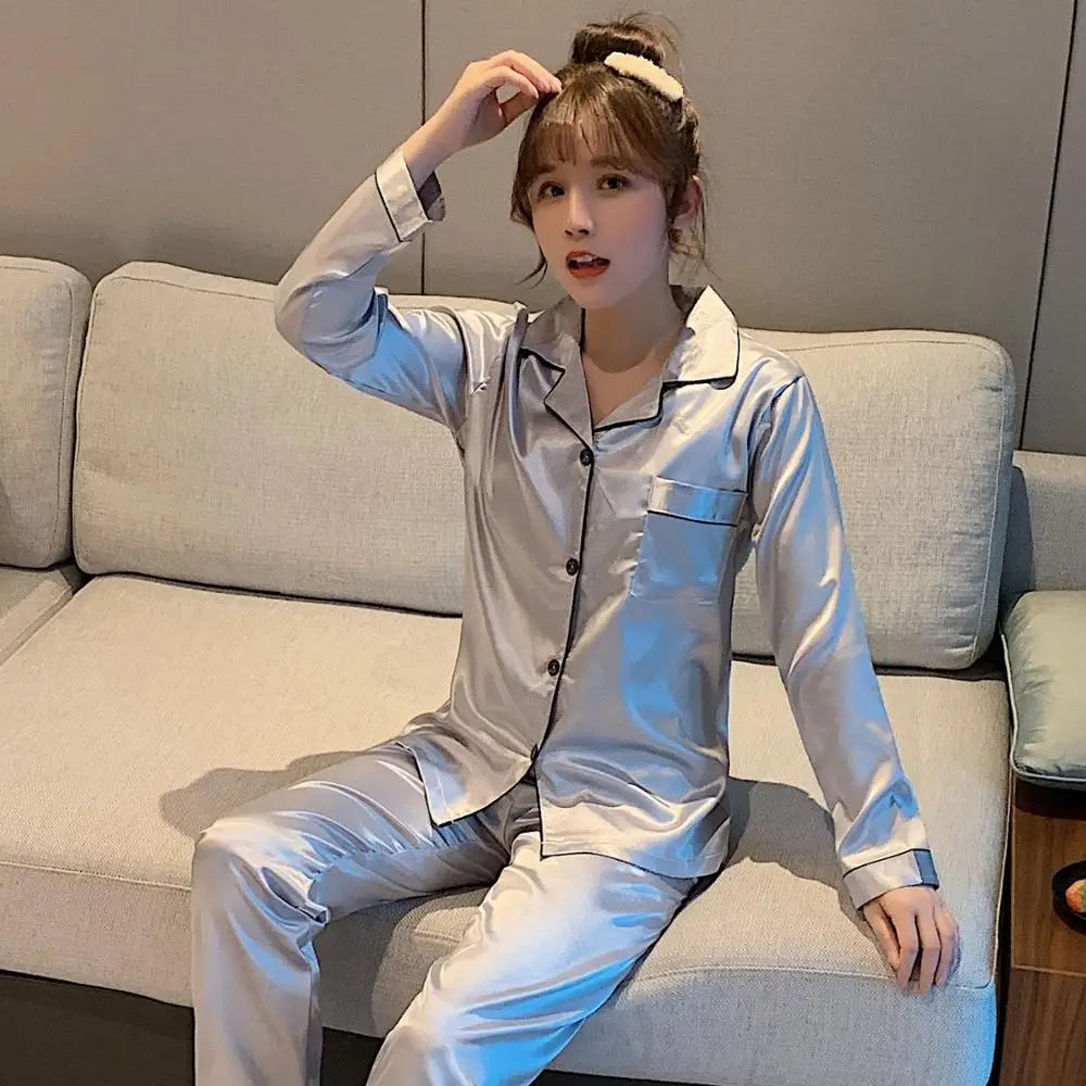 Song of Silk Women's Satin Pajama Set - Full-Length Silk Sleepwear for Autumn