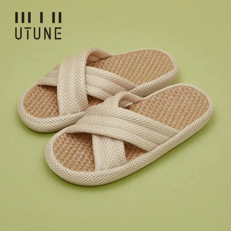 Utune Women's Cross-Tied Hemp Slippers - Comfortable Indoor Flat Slippers for Summer & Autumn