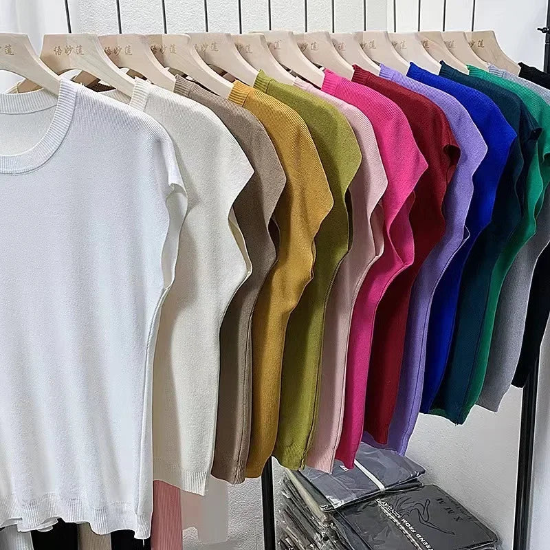 Women's T-Shirts 2024 Summer Ice Silk Knitted Tees Casual Solid Tops Purple Blue Fashion O Neck Short Sleeved Blouse for Women