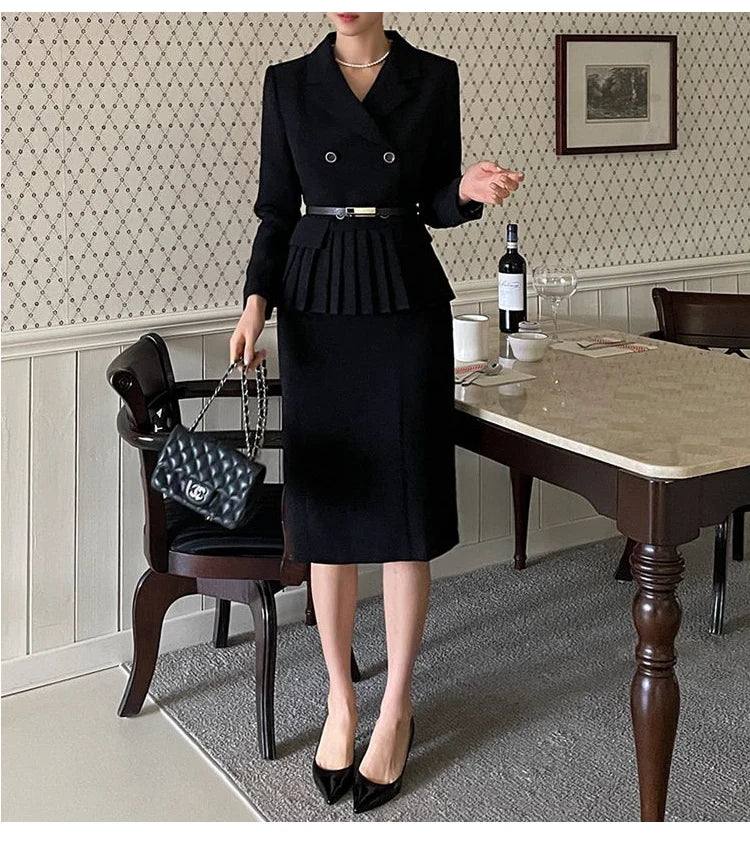 Autumn Spring Office Ladies Two Piece Set Double-Breasted White Ruffles Belt Blazer Tops + Split Pencil Skirt Suit