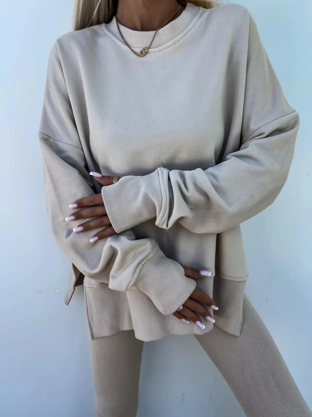 NoEnName_Null Women's Casual Pullover Set - Solid Color, Mid Waist, Full Sleeve - Autumn/Winter 2024