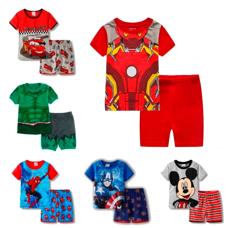 MINISO Kids Cartoon Pajama Sets – Short Sleeve Summer Outfits for Boys & Girls (Spiderman, Iron Man, Mickey, Elsa & More)