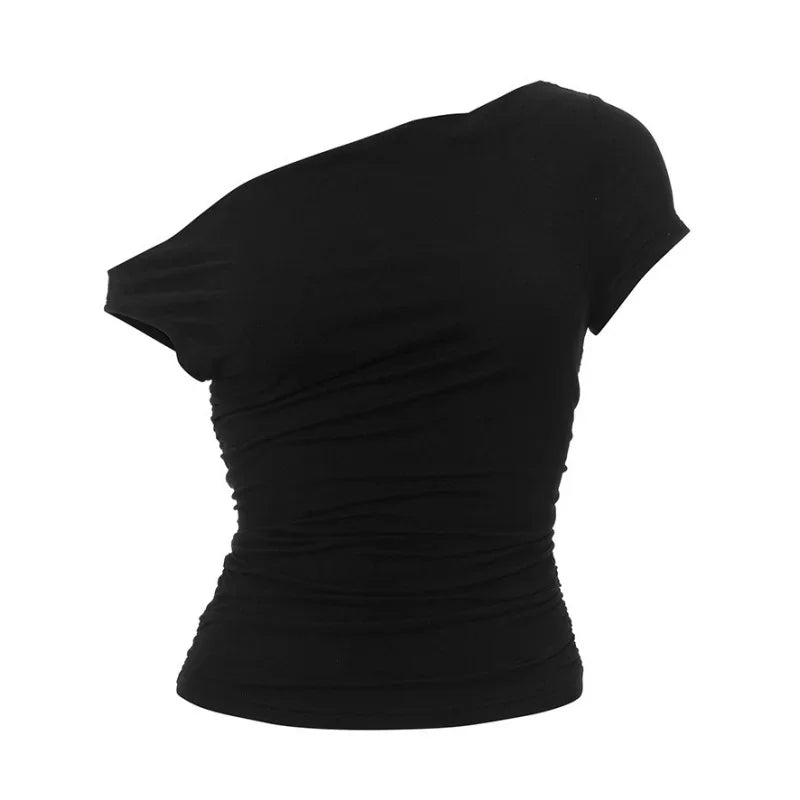 Vamos Todos Y2K Asymmetrical Skew Collar Slim Fit Tee for Women – Streetwear Summer Top