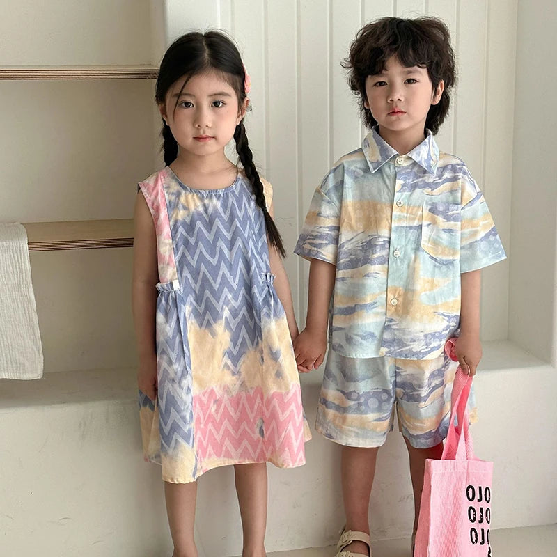 MILANCEL Unisex Summer Patchwork Clothing Set for Kids (Ages 4–6Y) – Cotton Shirt and Shorts Vacation Outfit