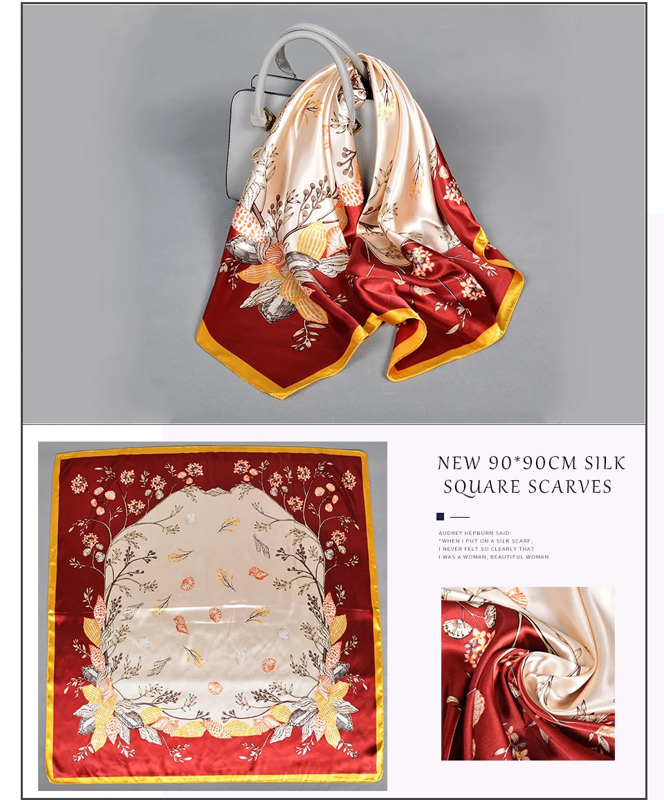 BYSIFA Fashionable Women’s Floral Print Satin Square Scarf – Stylish and Multifunctional for All Seasons