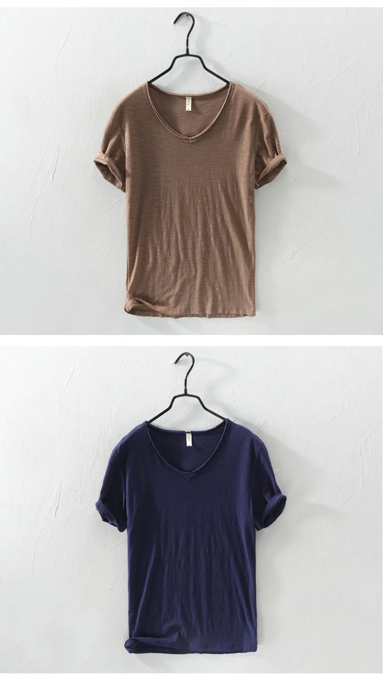 FAVOCENT Men’s V-Neck Bamboo Fiber Cotton-Polyester Casual Tee – Comfortable & Stylish for Summer