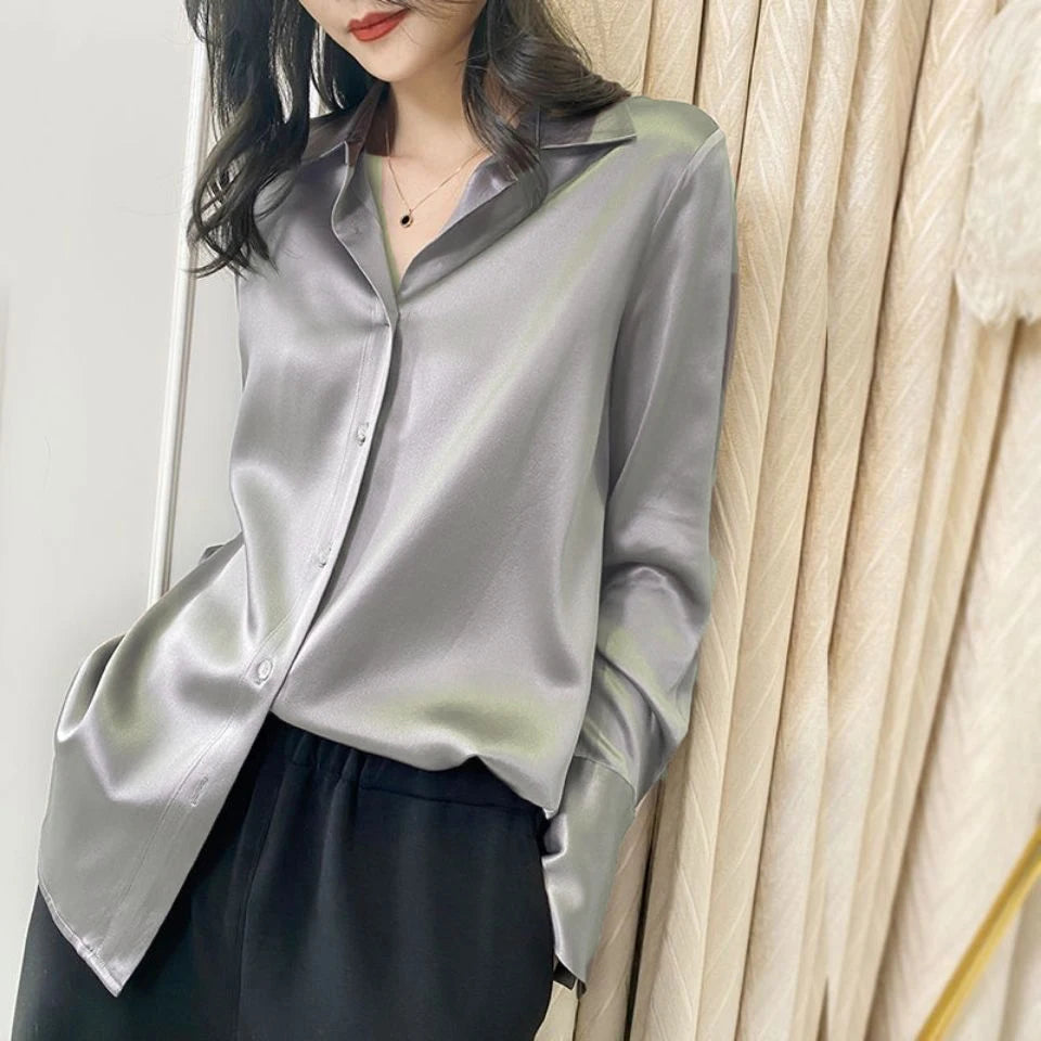 SUYISODA Women's Casual Satin Shirt - Office Lady Style with Button Decoration & Turn-down Collar