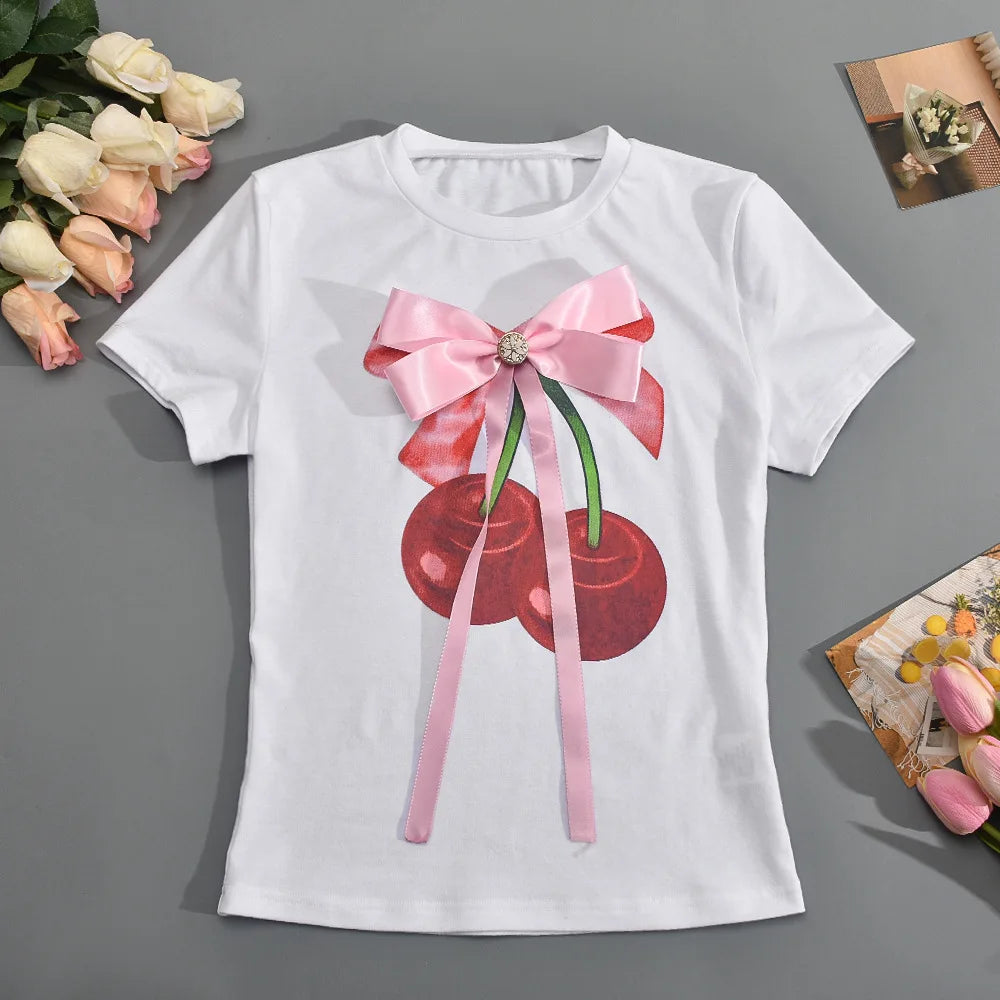 SELERIT Y2K Floral Bow-Detail O-Neck Tee for Women Fairy Tale Inspired Spring/Summer Top (Slight Stretch)