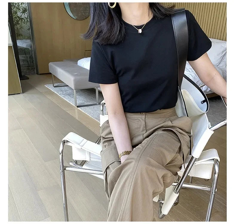 Summer T Shirts For Women cream Casual Korean Streetwear Basic Solid Young Cool free-sized Tops 2025