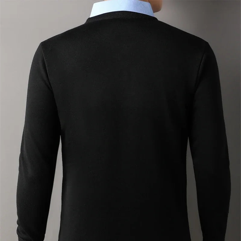 NoEnName_Null Men's Casual Pullover – Wool & Lycra Blend with Turn-Down Collar