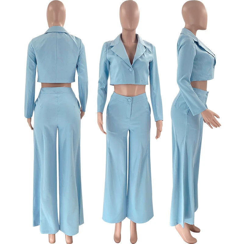 NoEnName_Null Women's Casual Autumn/Winter 2-Piece Set with High-Waist Flare Pants and Notched Collar Top