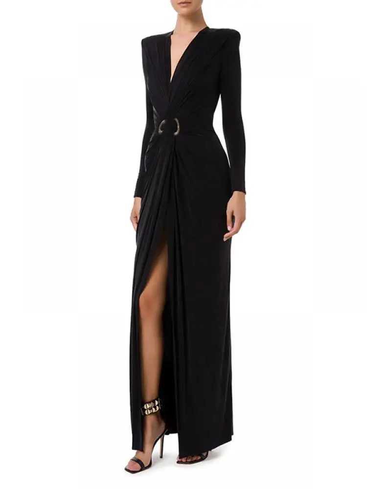 UOOZEE Women’s V-Neck Ankle-Length Sheath Dress with Folds – Slim Fit, X-Shape, Empire Waist, Zipper Closure