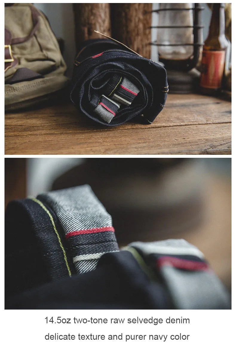 MADEN Men’s Safari Style Slim Fit Straight-Leg Denim Jeans - Embroidered, Vintage-Inspired with Raw Denim Finish