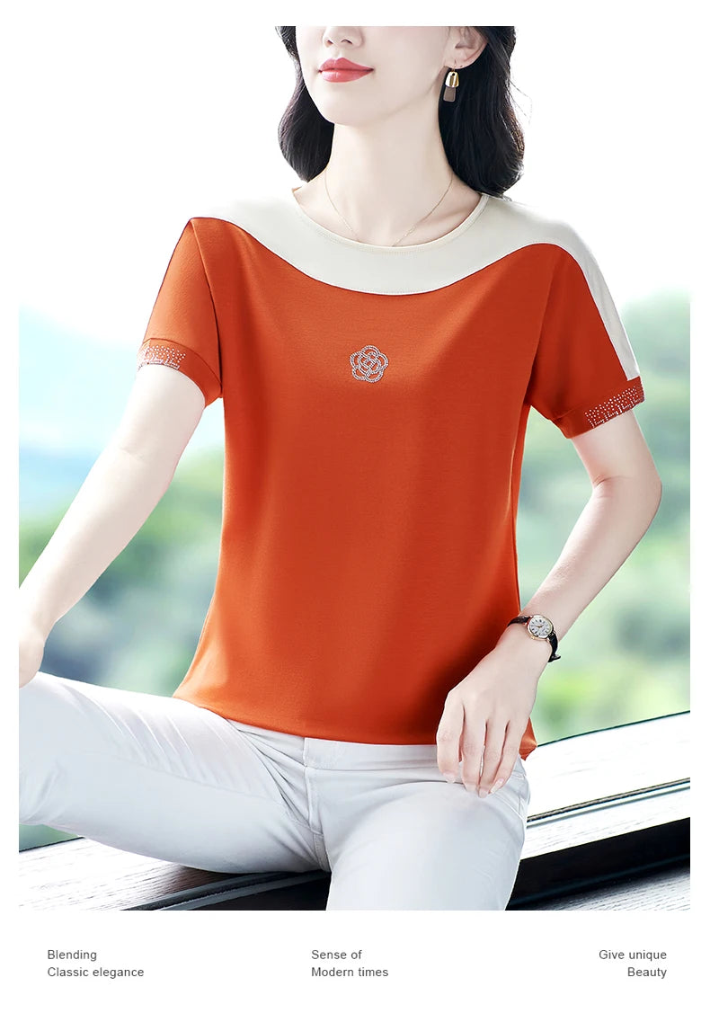 Moeroshe Women's Casual Patchwork O-Neck Tee - Cotton, Classic Style, Summer 2024 Release