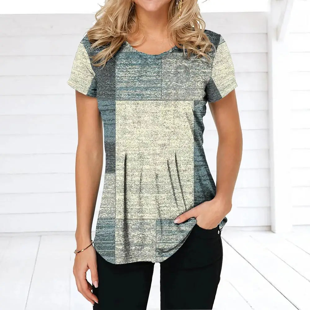 NoEnName_Null Women’s 3D Print Patchwork T-Shirt – Casual American Retro O-Neck Short Sleeve Top