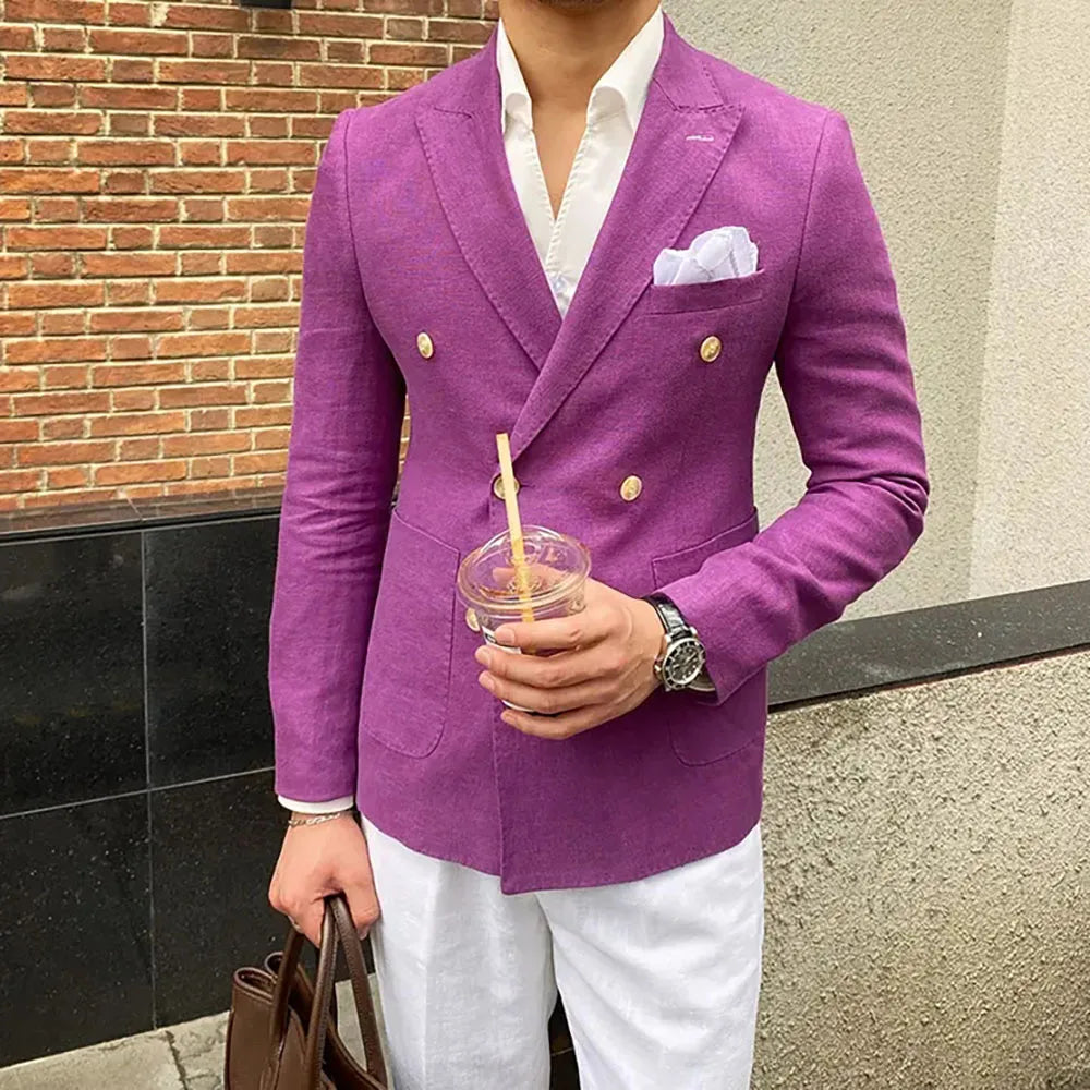 Casual Linen Double Breasted Peak Lapel Regular Length Slim Fit 2 Piece Jacket Pants Beach Tailor Full Set Chic Blazer for men
