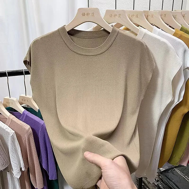 Women's T-Shirts 2024 Summer Ice Silk Knitted Tees Casual Solid Tops Purple Blue Fashion O Neck Short Sleeved Blouse for Women