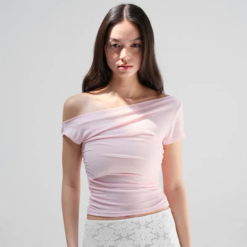 Vamos Todos Y2K Asymmetrical Skew Collar Slim Fit Tee for Women – Streetwear Summer Top