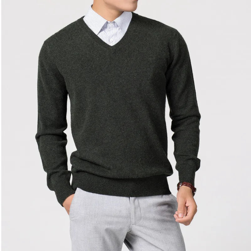NoEnName_Null Men's Slim Fit Solid V-Neck Sweater Pullover – Autumn & Winter Collection