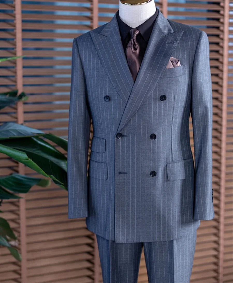 NoEnName_Null Men's Smart Casual Double-Breasted Suit – Cotton & Polyester Blend for All Seasons