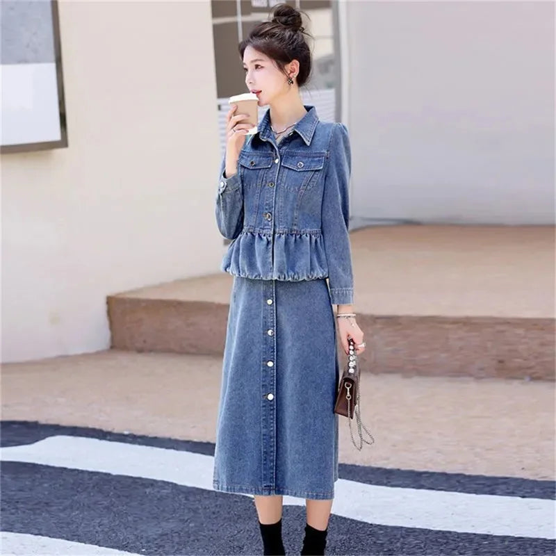 huapang-lsl Women's Office Lady A-Line Denim Dress – Knee-Length with Turn-Down Collar