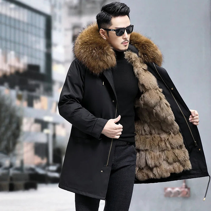 FURTJY Men's High Street Winter Coat – Real Fox Fur Lining, Raccoon Fur Collar, Zipper Closure, Casual Slim Fit