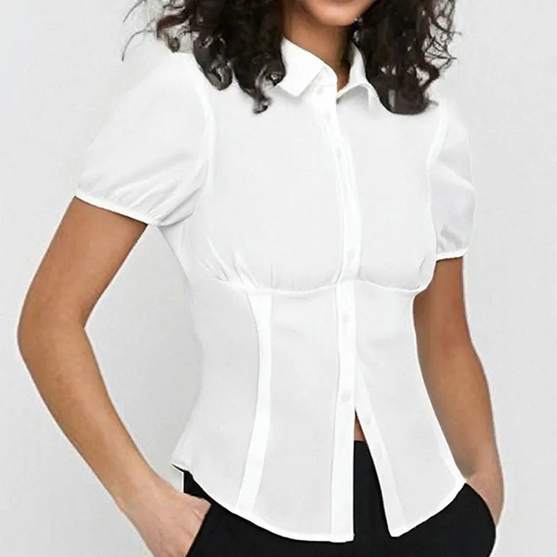 VYTB Women's Slim Fit Button-Up Tee – Turn-Down Collar, Short Sleeve, Summer Club Style