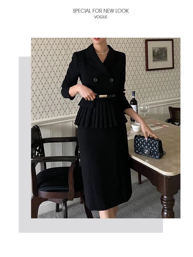 Autumn Spring Office Ladies Two Piece Set Double-Breasted White Ruffles Belt Blazer Tops + Split Pencil Skirt Suit
