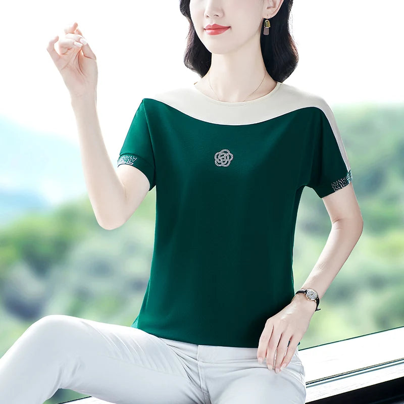 Moeroshe Women's Casual Patchwork O-Neck Tee - Cotton, Classic Style, Summer 2024 Release