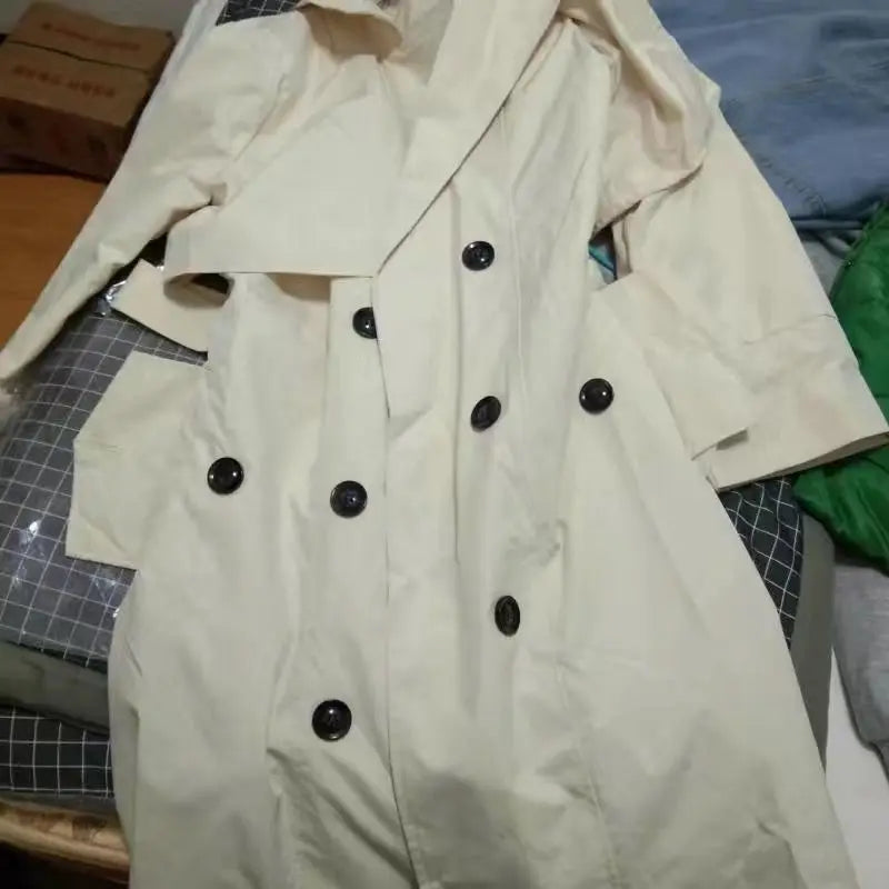 NoEnName_Null Women's Preppy Style Double-Breasted Trench Coat with Ruched and Spliced Details