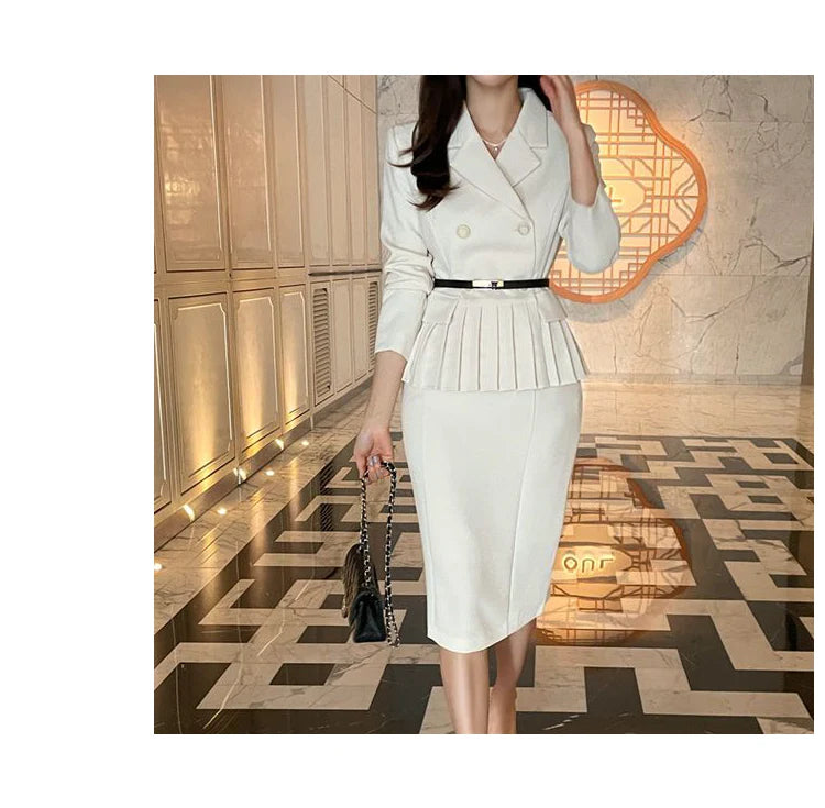 Autumn Spring Office Ladies Two Piece Set Double-Breasted White Ruffles Belt Blazer Tops + Split Pencil Skirt Suit
