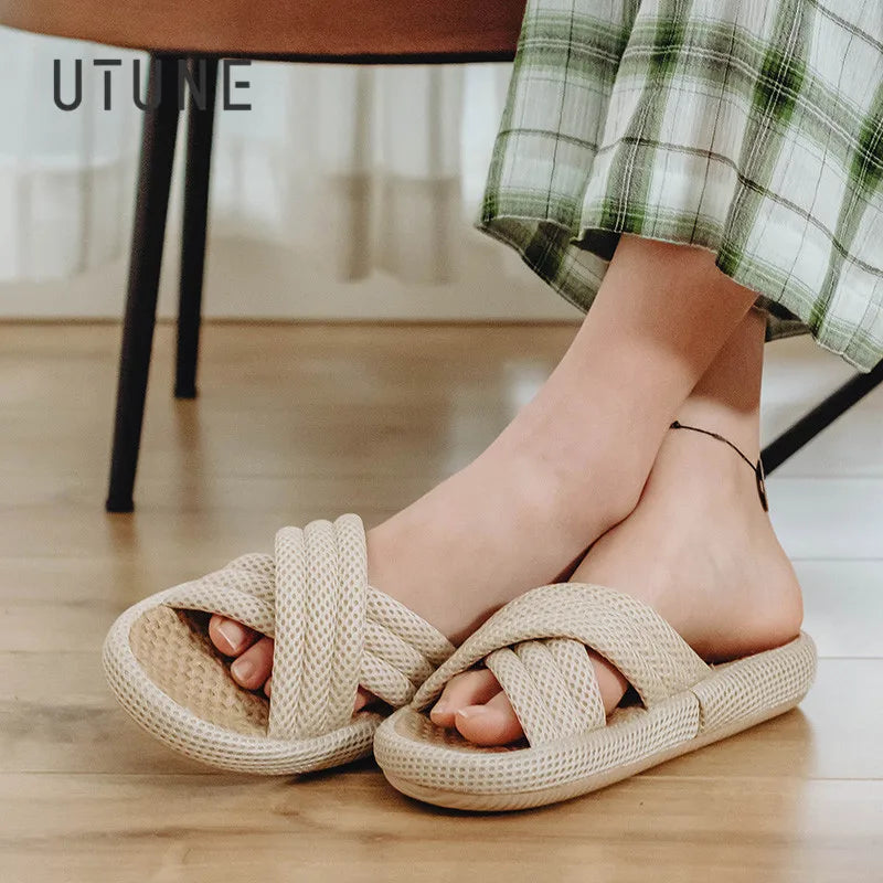 Utune Women's Cross-Tied Hemp Slippers - Comfortable Indoor Flat Slippers for Summer & Autumn