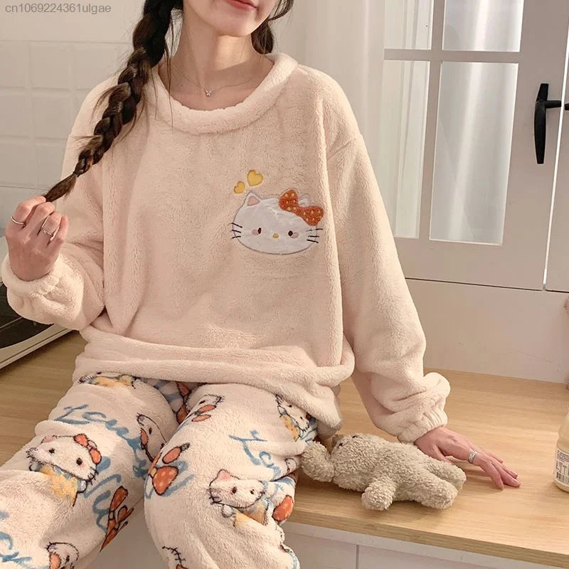 MINISO Korean Style Women's Autumn/Winter Hello Kitty Cartoon Fleece Pullover & Ankle-Length Sleepwear Set