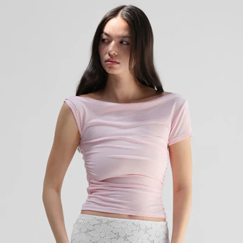 Vamos Todos Y2K Asymmetrical Skew Collar Slim Fit Tee for Women – Streetwear Summer Top