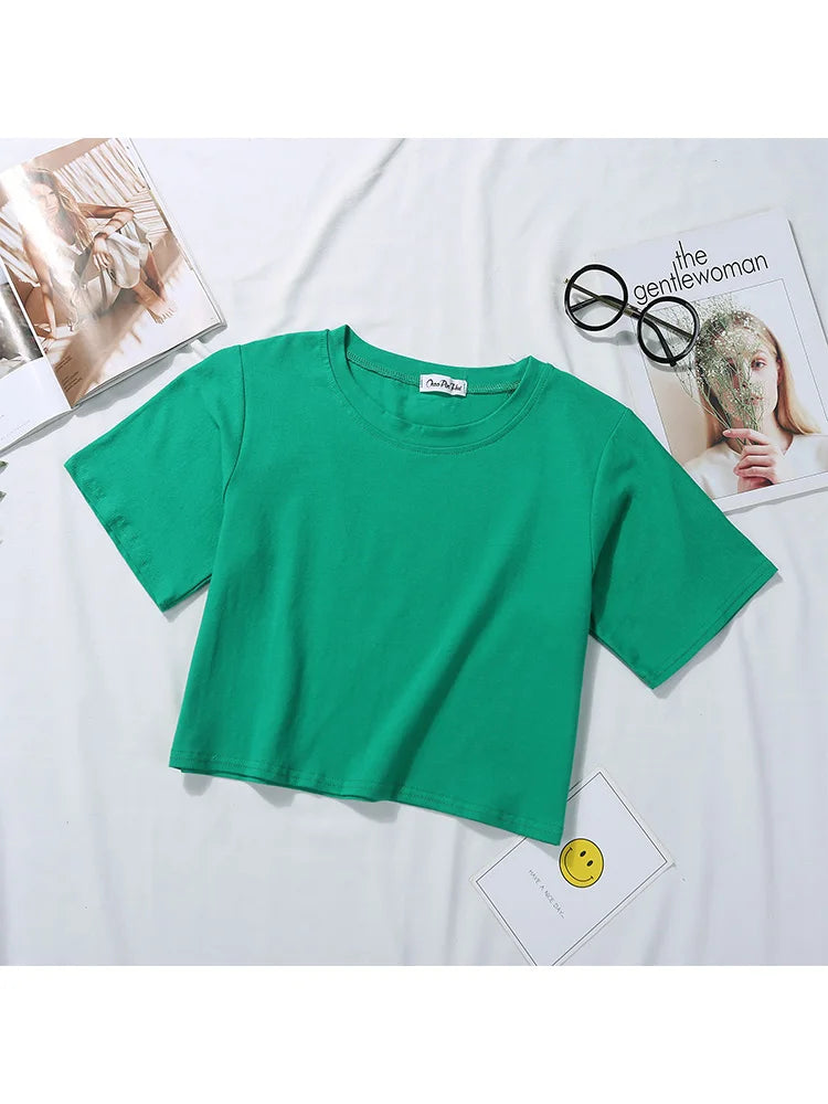 Summer Short Sleeve T Shirts Women  Solid O Neck High Waist Crop Top Tee Female Casual Loose T Shirt