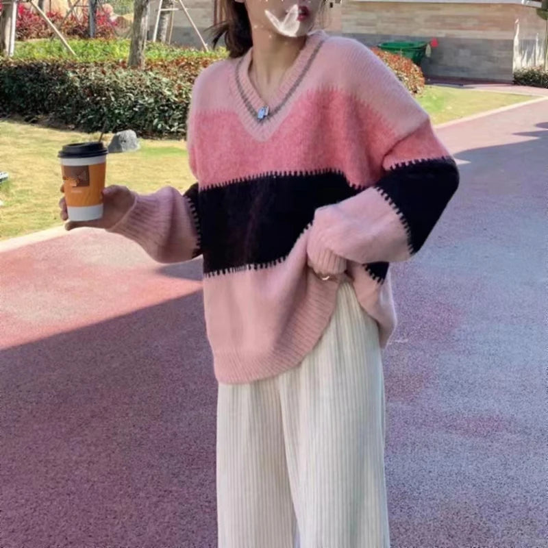Women’s Casual V-Neck A-Line Sweater Dress Set – Autumn/Winter Geometric Knit Dress