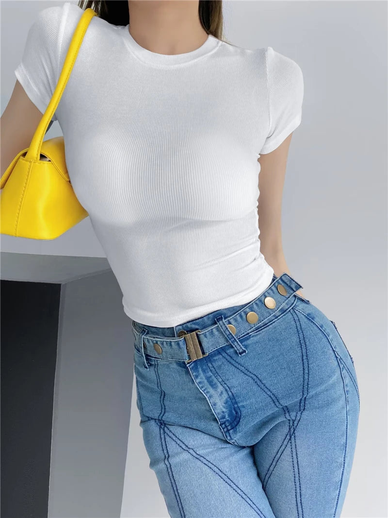 STVY Women's Slim Fit Solid Knit Tee with O-Neck - High Street Spring/Summer Top