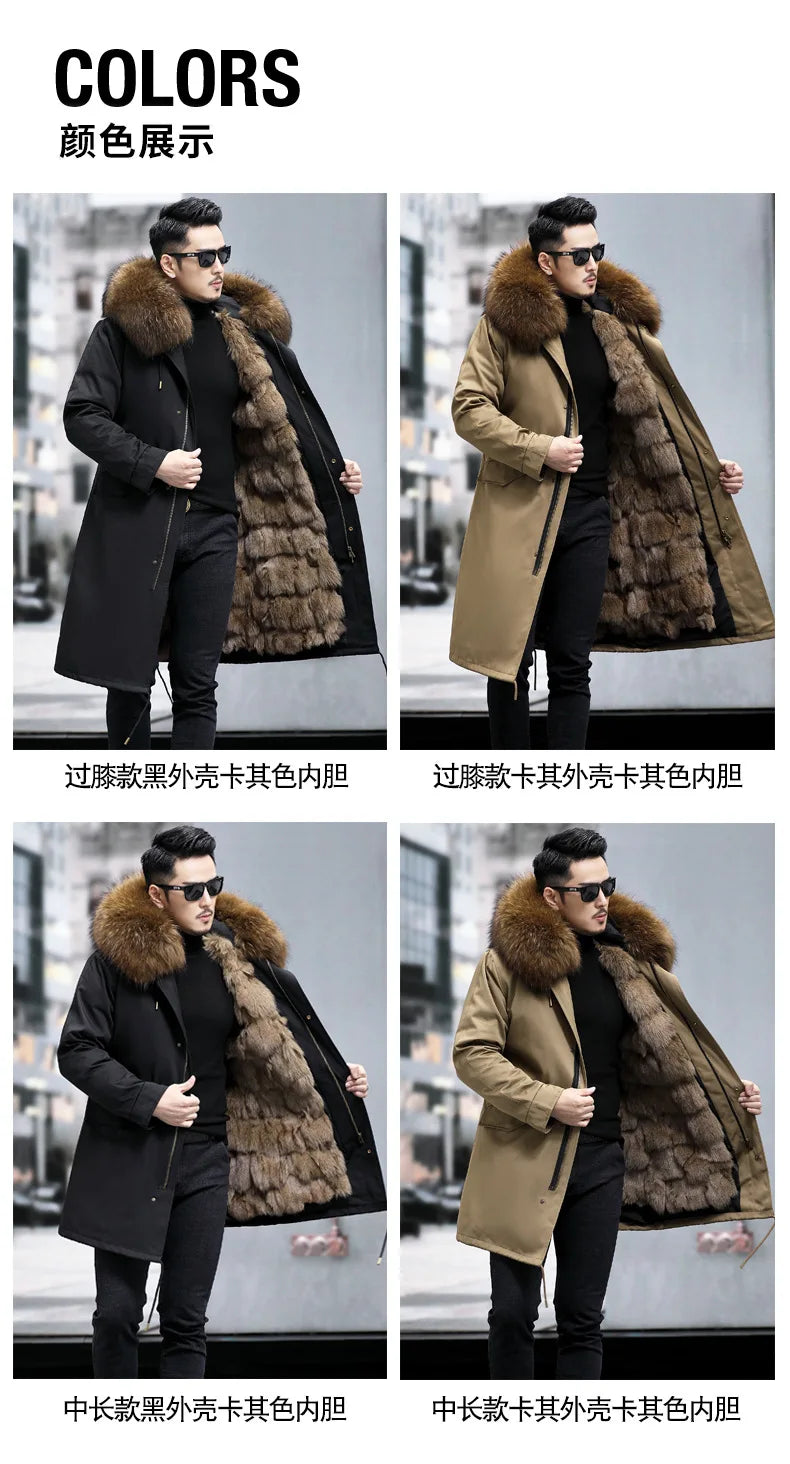 FURTJY Men's High Street Winter Coat – Real Fox Fur Lining, Raccoon Fur Collar, Zipper Closure, Casual Slim Fit