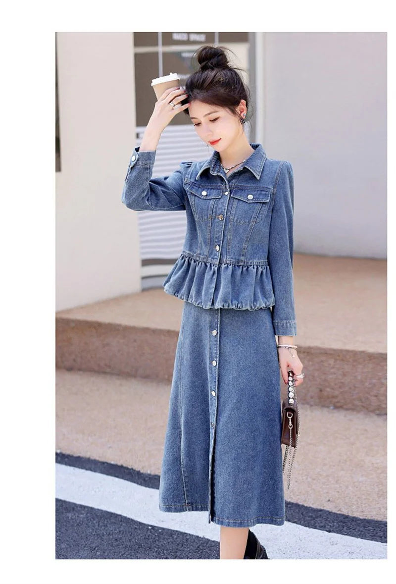 huapang-lsl Women's Office Lady A-Line Denim Dress – Knee-Length with Turn-Down Collar