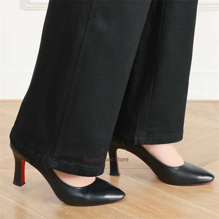 NoEnName_Null Women's High-Waist Cotton Elastic Denim Straight-Leg Jeans with Pockets – Autumn/Winter