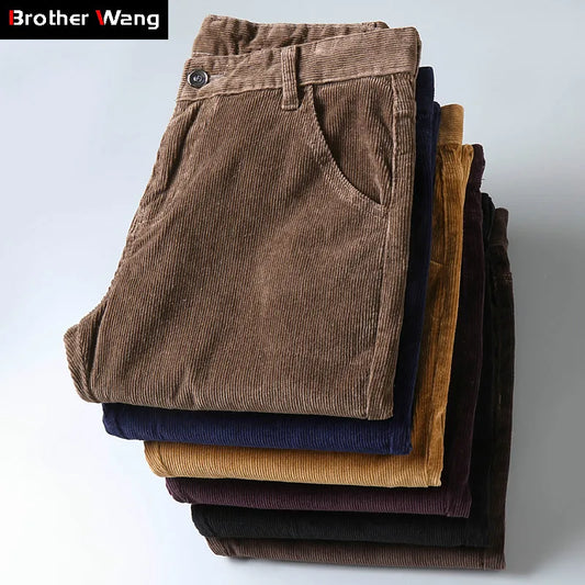 Brother Wang Men Smart Casual Full-Length Pants Cotton & Spandex Mid-weight Straight Fit with Pockets