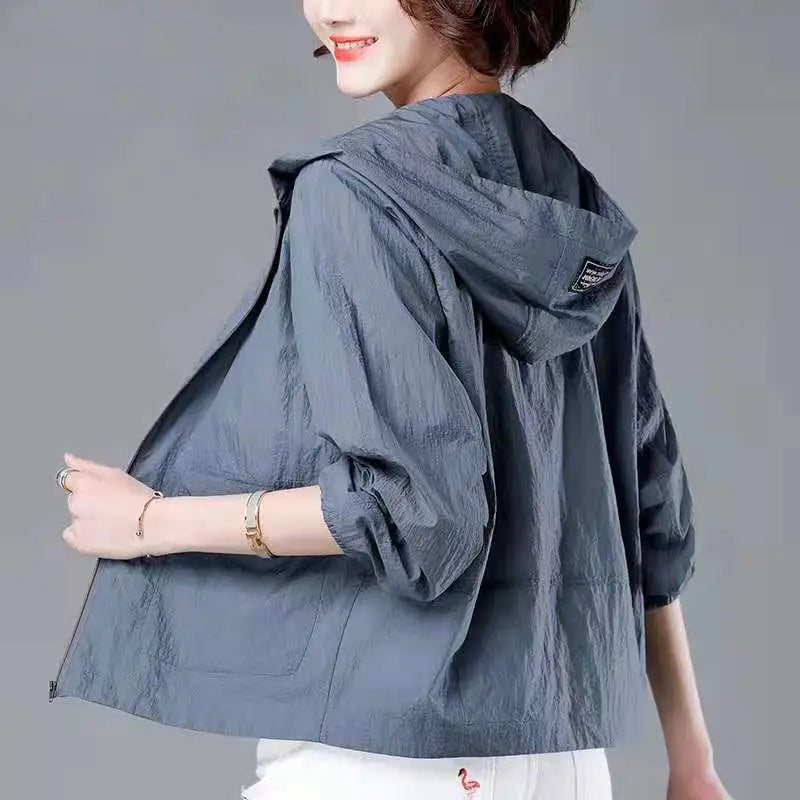 CHUJIE Women's Lightweight Hooded Summer Jacket – Office Lady Style, Zipper Closure