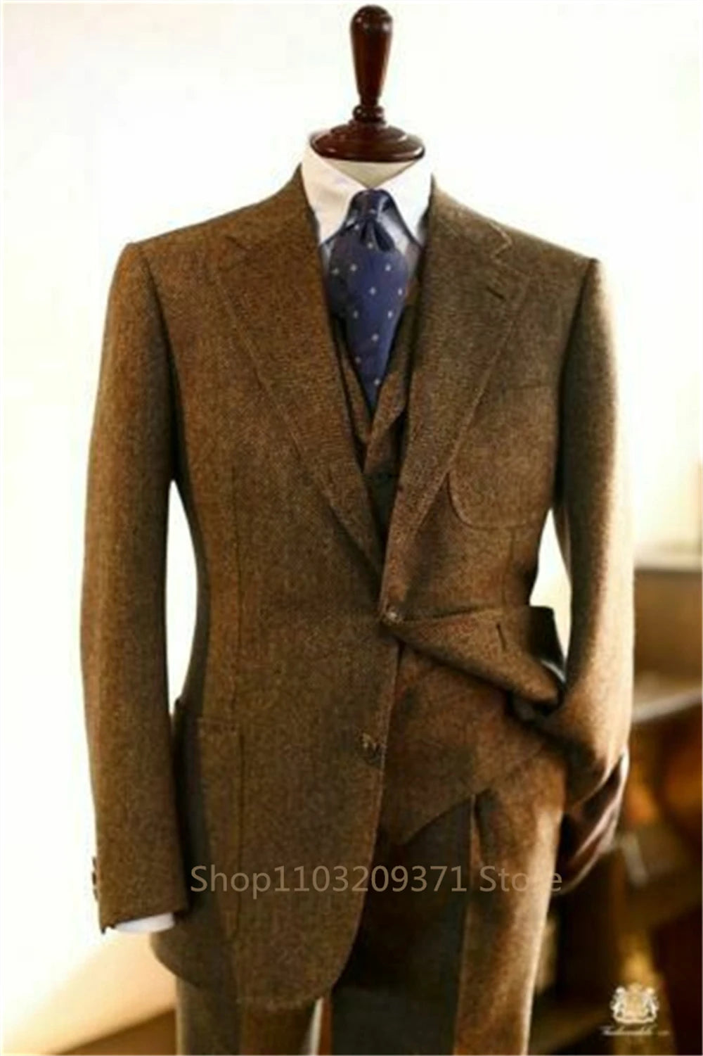 Brown 2024 Men's Suits Men 3 Pieces Slim Fit Business Groom Peaked Lapel Tuxedos For Formal Wedding Suit (Blazer+Vest+Pants)