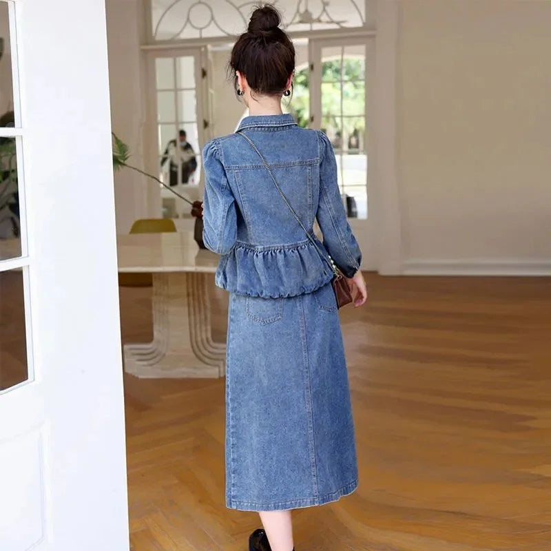 huapang-lsl Women's Office Lady A-Line Denim Dress – Knee-Length with Turn-Down Collar