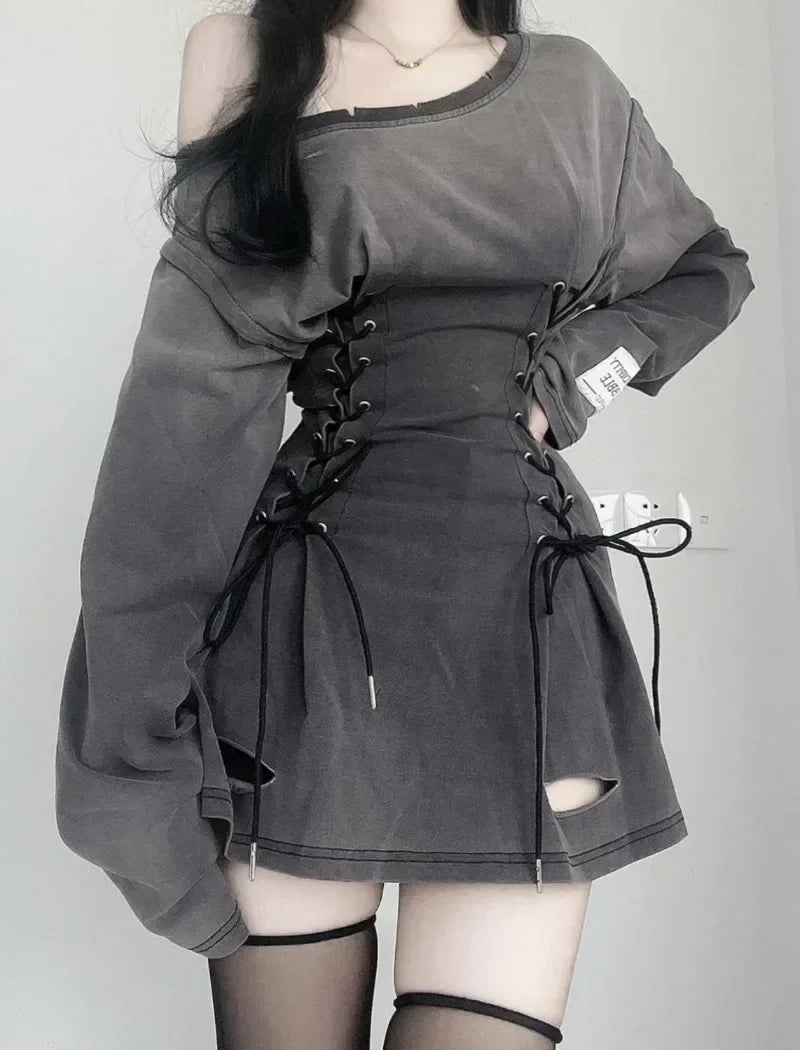 NoEnName_Null Y2K Style A-Line Mini Dress with Diagonal Collar and Bandage Detail - Autumn/Winter Fashion for Women