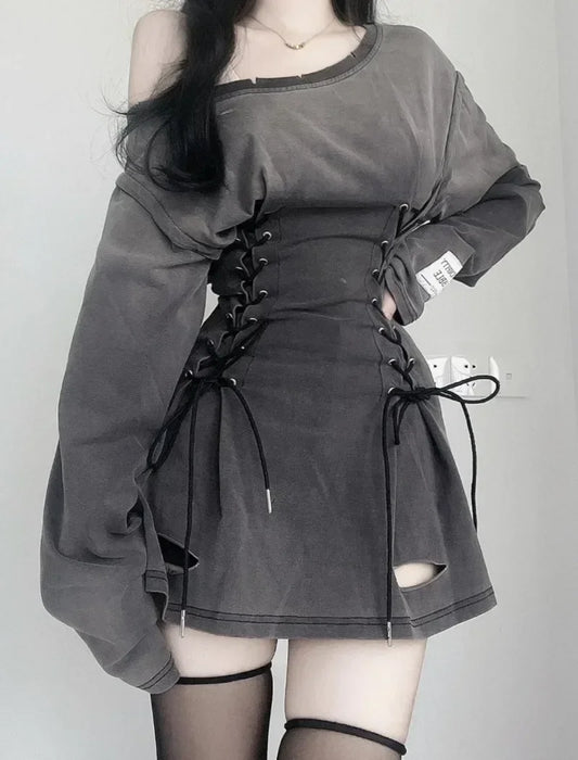 NoEnName_Null Y2K Style A-Line Mini Dress with Diagonal Collar and Bandage Detail - Autumn/Winter Fashion for Women